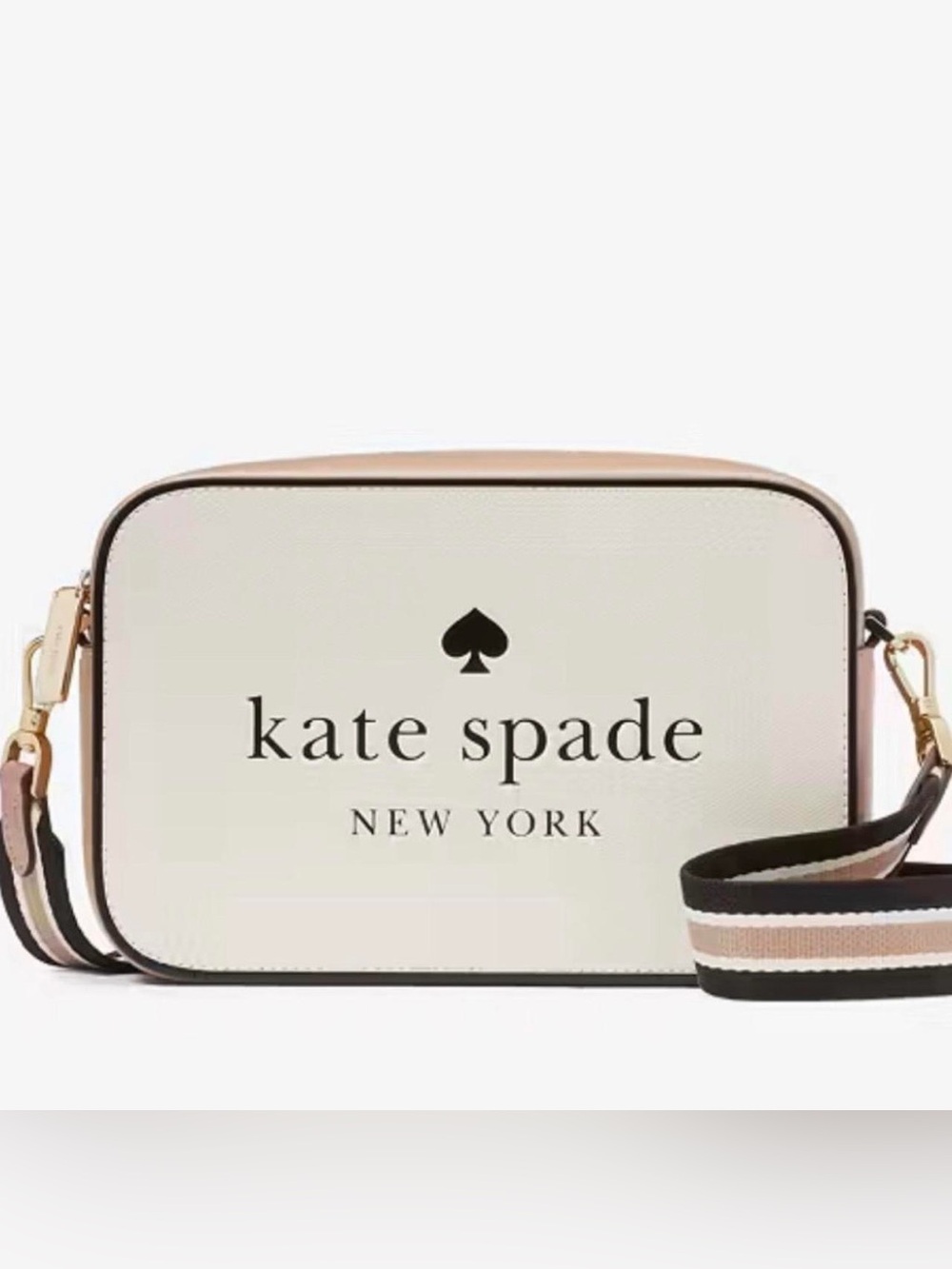 kate spade Cream and Tan Camera Crossbody with Striped Strap